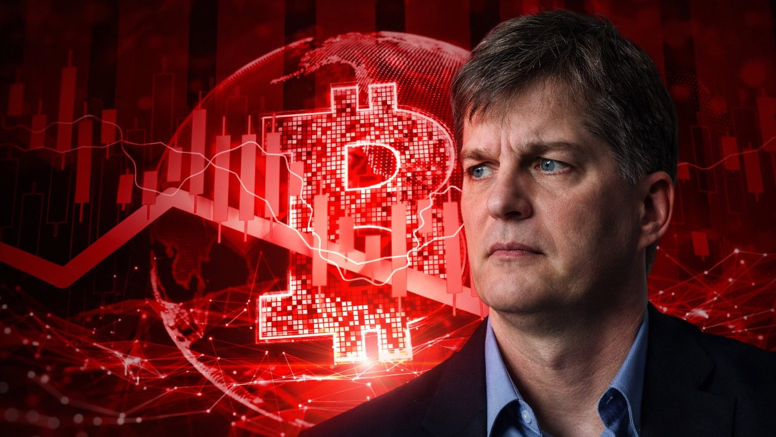 Starinvestor Michael Burry vor einem roten Bitcoin-Hintergrund