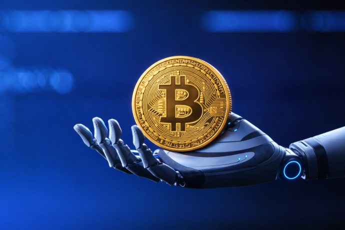 Bitcoin-Münze in Maschinenhand