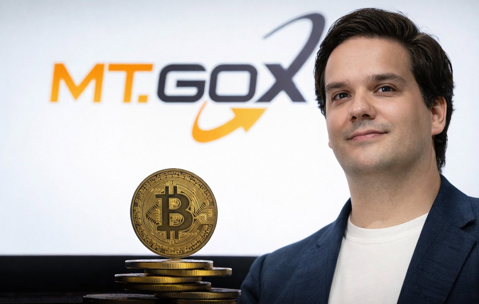Ein Mann mit dunklem Haar in einem blauen Sakko und weißem T-Shirt steht rechts im Bild vor einem weißen Hintergrund mit dem MT.GOX-Logo. Im Vordergrund sind mehrere gestapelte goldene Bitcoin-Münzen zu sehen, eine davon aufrecht stehend mit gut erkennbarem „B“-Symbol.