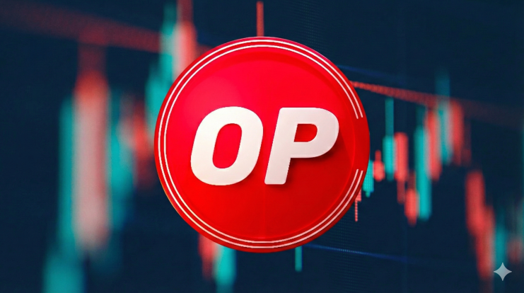 Der OP-Token vor einem Tradingchart.