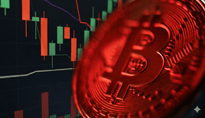 Eine rot-gefärbte Bitcoin-Münze vor einem Chart mit roten und grünen Kerzen.