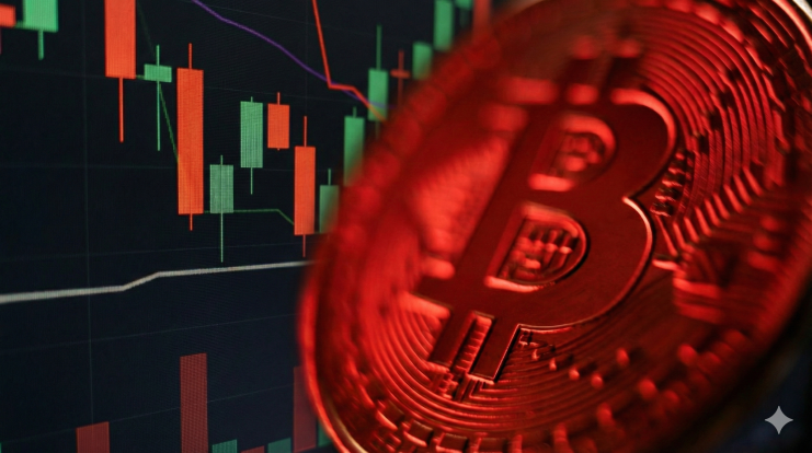 Eine rot-gefärbte Bitcoin-Münze vor einem Chart mit roten und grünen Kerzen.