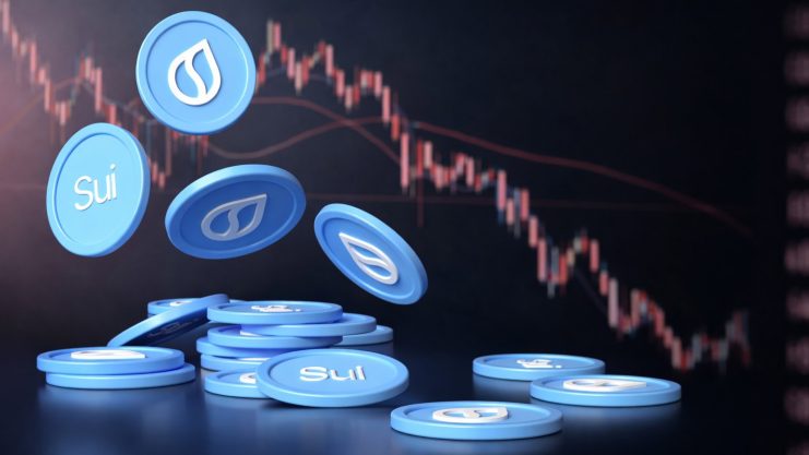 SUI weiter auf Talfahrt Ein Haufen Sui-Token vor einem Trading-Chart, der einen Abwärts-Kursverlauf zeigt