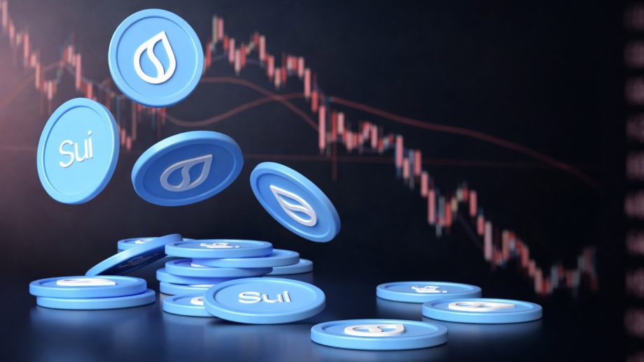 Ein Haufen Sui-Token vor einem Trading-Chart, der einen Abwärts-Kursverlauf zeigt