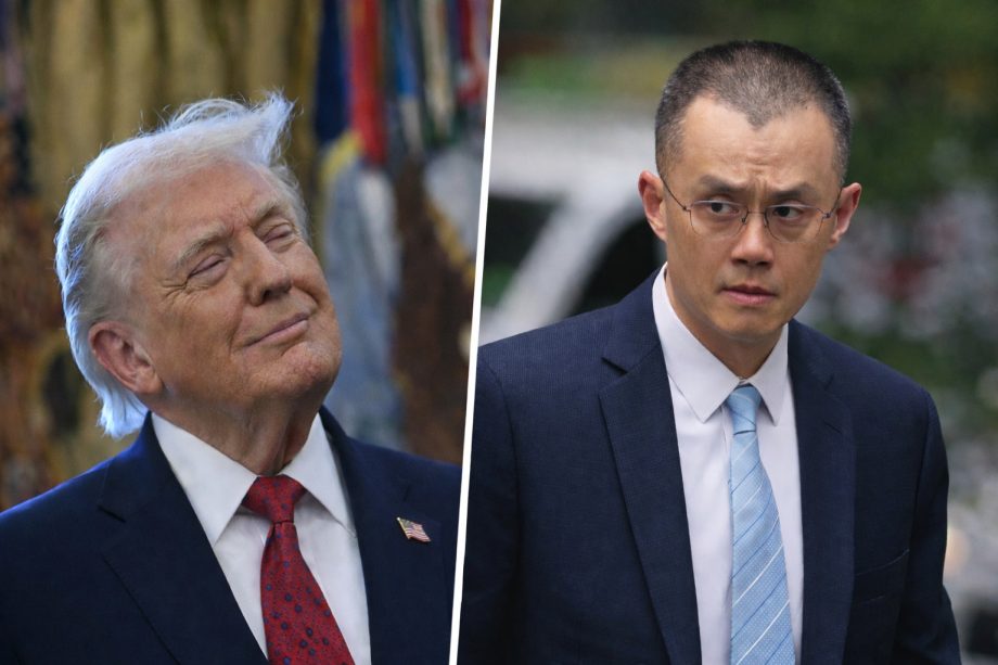 Zu sehen ist eine Bildmontage, die links Donald Trump zeigt und rechts Changpeng Zhao