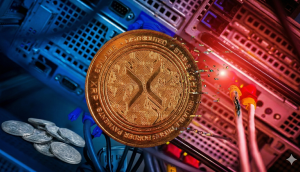 Ein sich auflösender Ripple Coin vor einem Computer-Netzwerk