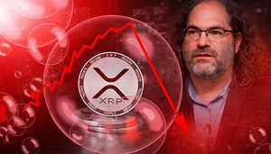 Ripple/XRP befindet sich in einer schwierigen Phase. Münze vor rotem Hintergrund, dazu David Schwartz im Hintergrund