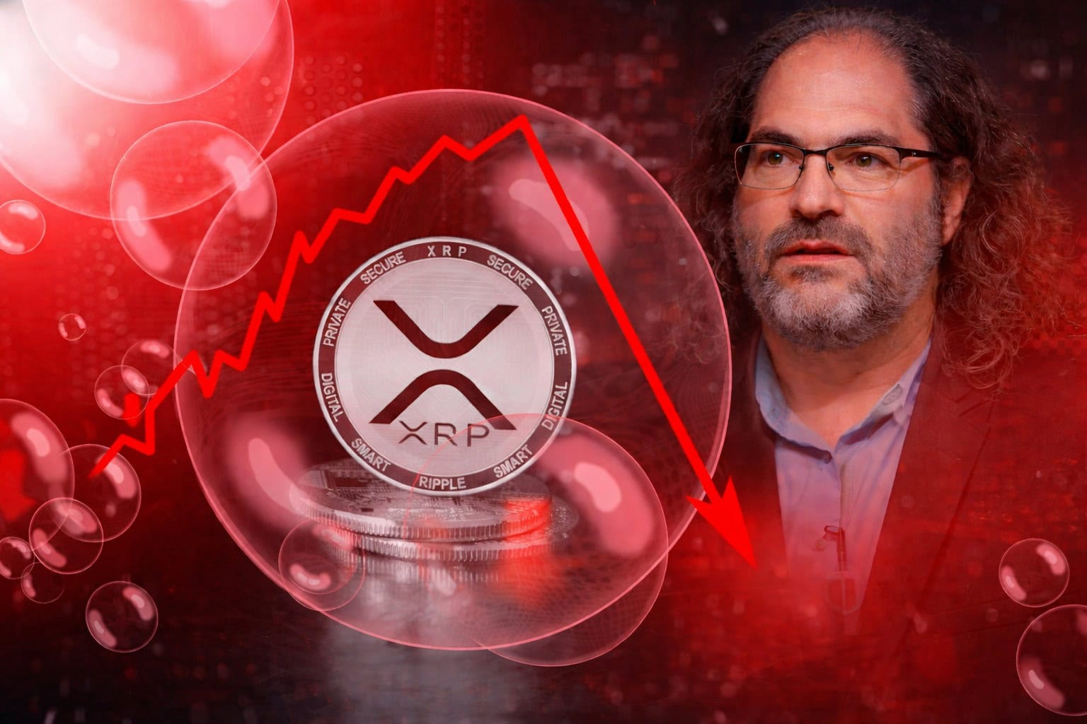 Ripple/XRP befindet sich in einer schwierigen Phase. Münze vor rotem Hintergrund, dazu David Schwartz im Hintergrund