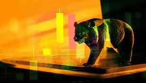 Ein Bitcoin-Bär vor orangem Hintergrund