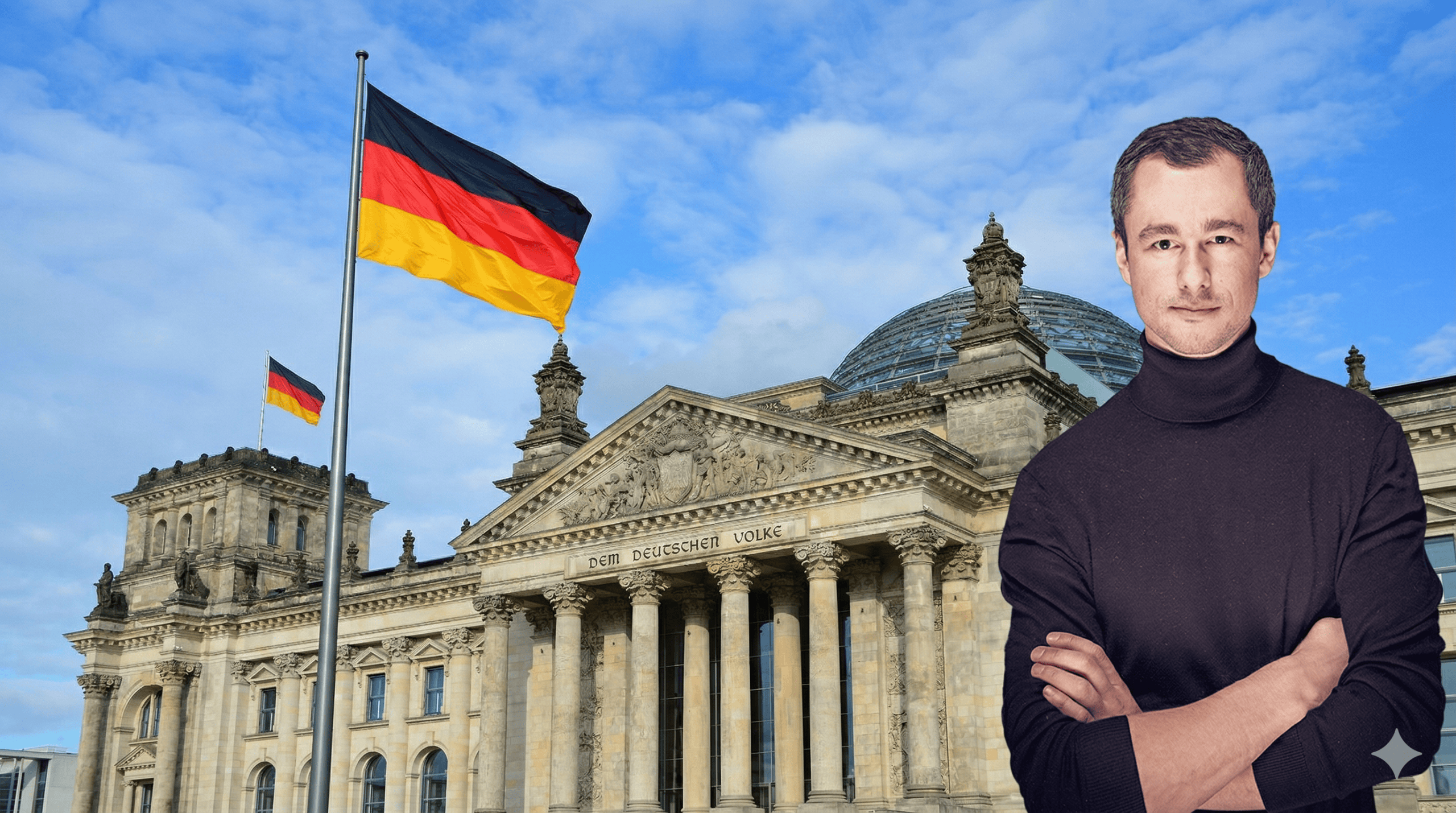 Man sieht das Gebäude des Deutschen Reichstags und davor eine Deutschlandflagge wehen. Rechtsbündig steht ein Mann mit schwarzem Rollkragenpullover.