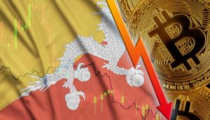Die Flagge Bhutans neben einem Bitcoin.