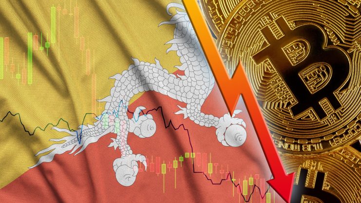 Die Flagge Bhutans neben einem Bitcoin.