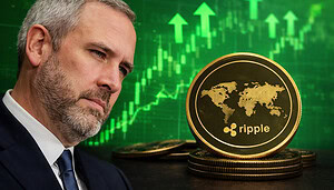 Mann im Anzug mit grauem Bart steht links im Vordergrund. Rechts ist eine goldene Ripple-Münze (XRP) zu sehen. Im grünen Hintergrund verlaufen steigende Krypto-Charts mit Pfeilen nach oben. Symbolbild für XRP, Krypto-Markt und steigende Kurse.