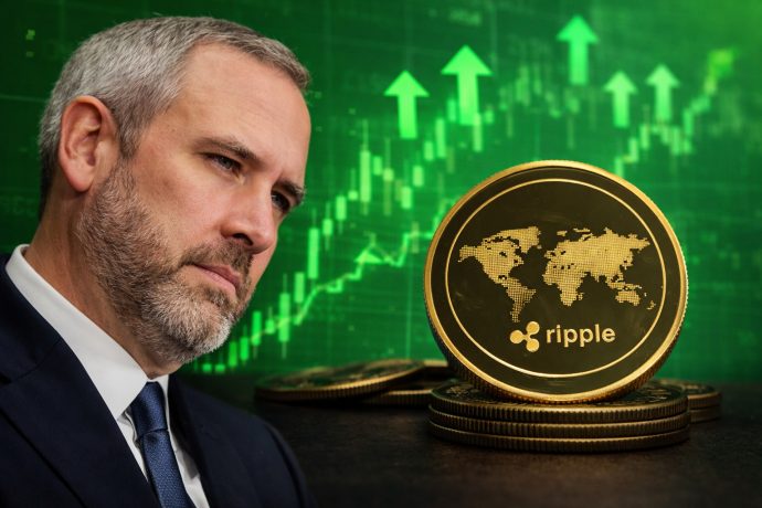 Mann im Anzug mit grauem Bart steht links im Vordergrund. Rechts ist eine goldene Ripple-Münze (XRP) zu sehen. Im grünen Hintergrund verlaufen steigende Krypto-Charts mit Pfeilen nach oben. Symbolbild für XRP, Krypto-Markt und steigende Kurse.