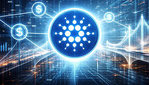 Cardano-Logo mit Netzwerkverbindungen, Dollar-Symbolen und Brückenmotiv als Visualisierung für Stablecoins, RWA und Interoperabilität