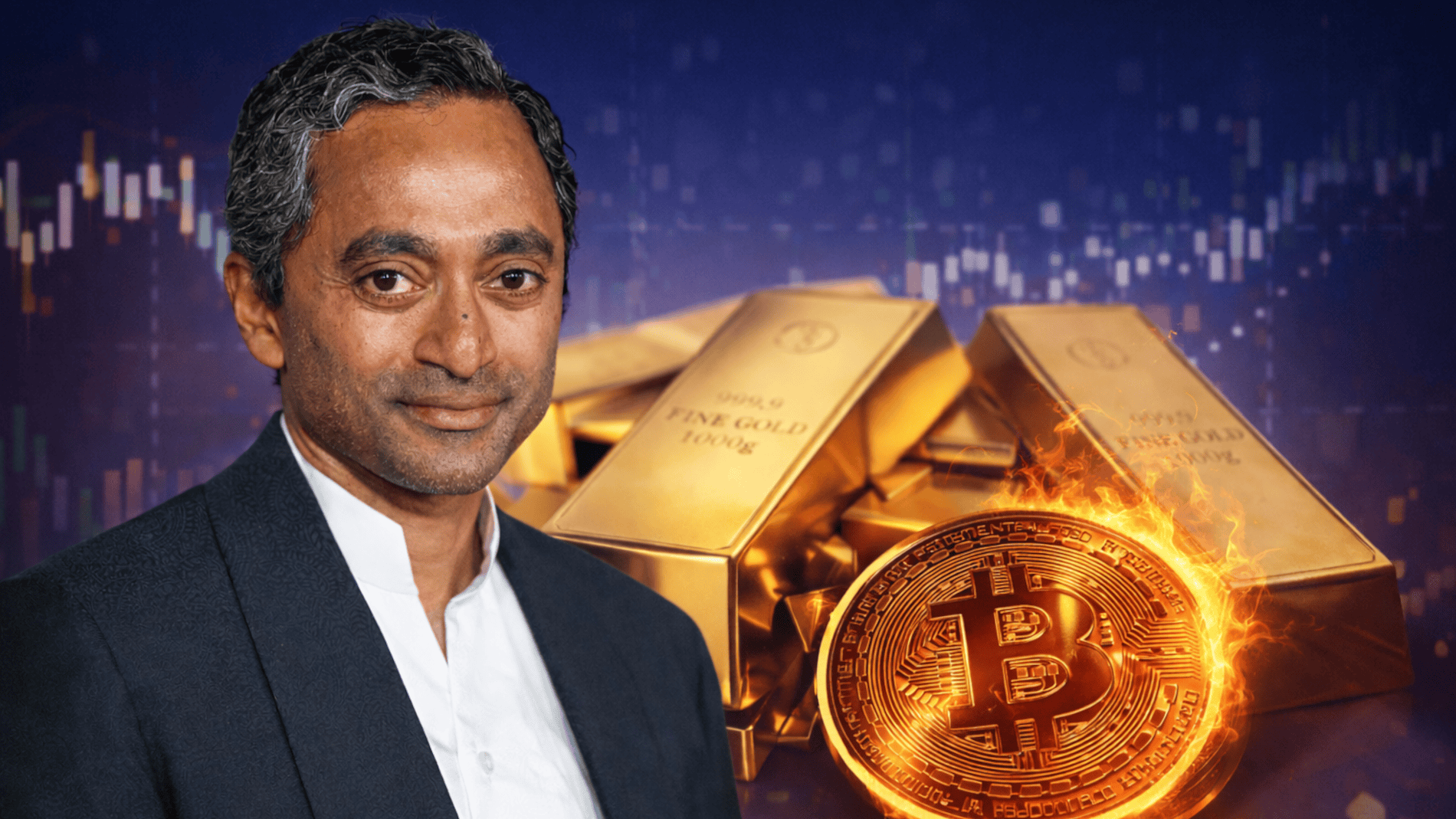 Milliardär Chamath Palihapitiya steht vor Goldbarren und einer Bitcoin-Münze