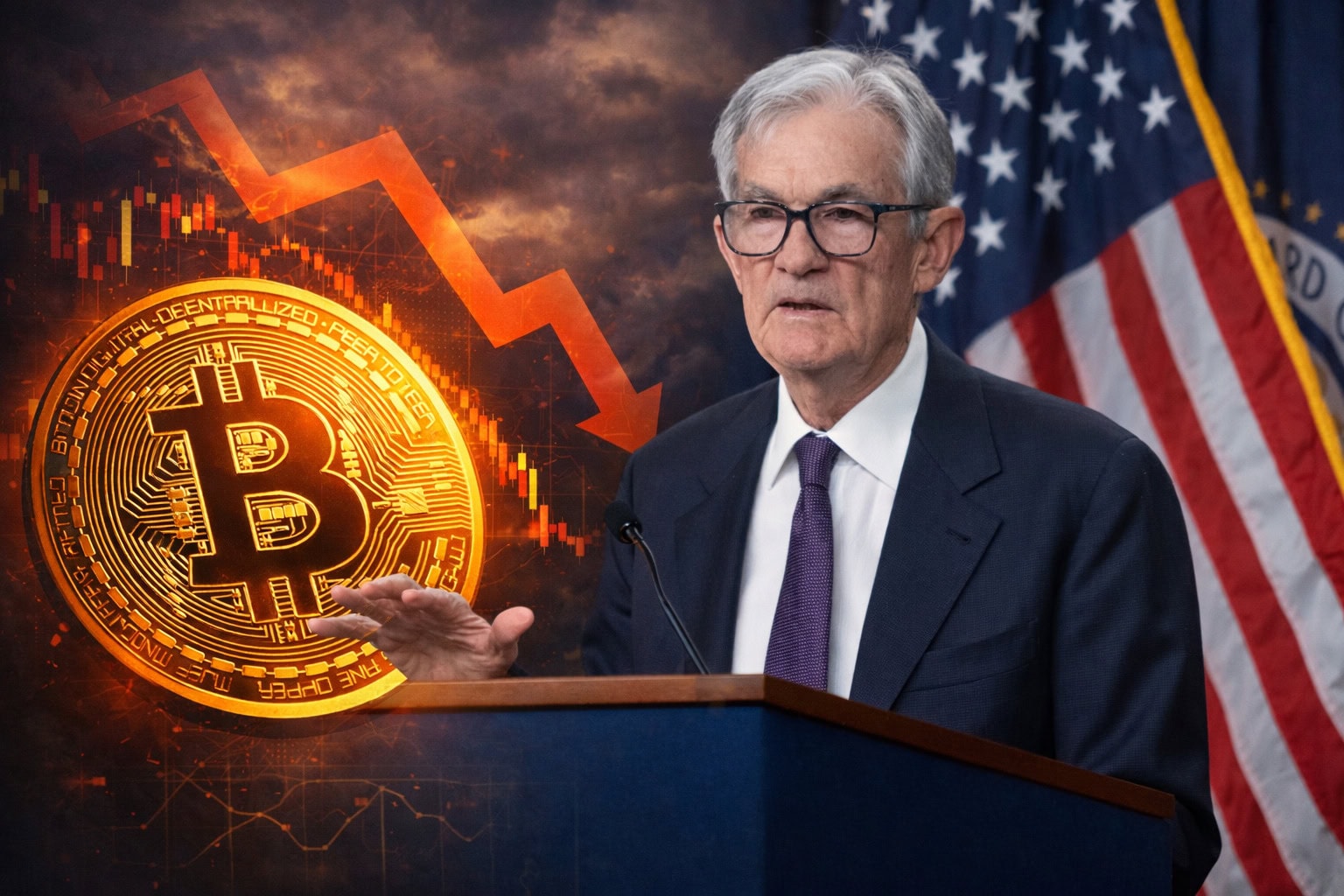 Fed-Chef Jerome Powell. Im Hintergrund eine Bitcoin-Münze.