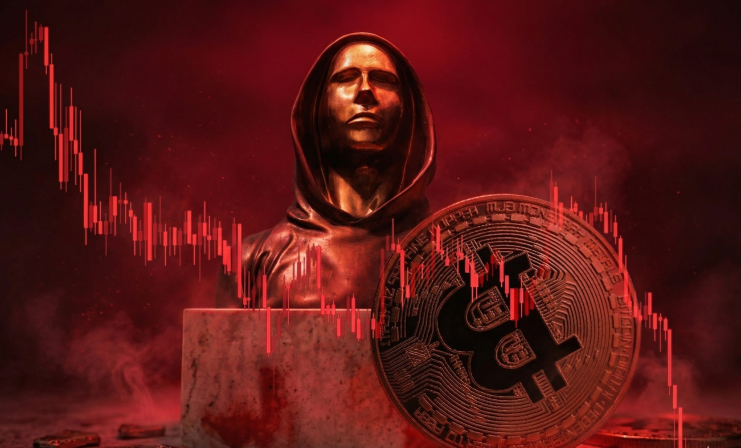 „Eine dramatische, rot beleuchtete Szene, die einen Krypto-Markteinbruch symbolisiert. Im Zentrum steht die bronzene Statue von Satoshi Nakamoto in einer Kapuze, die im Hintergrund leicht unscharf erscheint. Davor thront eine große, detaillierte Bitcoin-Münze auf einem dunklen, steinigen Untergrund. Das gesamte Bild ist von einem fallenden, roten Kerzenchart (Candlestick-Chart) und rötlichem Nebel überlagert, was eine Atmosphäre von Kursverfall und finanzieller Anspannung erzeugt.“