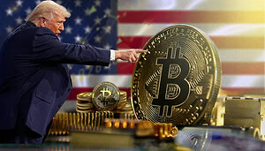 Ein Mann, der dem US-Präsidenten Donald Trump ähnelt, steht vor einer US-Flagge und zeigt mit ausgestrecktem Finger auf eine große Bitcoin-Münze. Im Vordergrund liegen mehrere gestapelte Münzen und elektronische Bauteile, was eine Verbindung zwischen Politik, Technologie und Kryptowährungen symbolisiert.