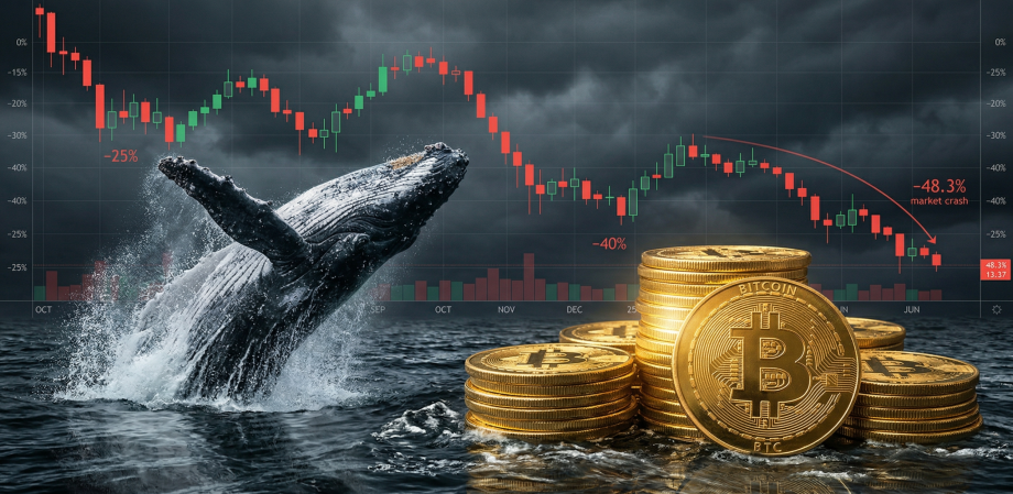 Dies ist eine visuell beeindruckende, filmische Fotografie, die eine dramatische, allegorische Szene des dynamischen Kryptowährungsmarktes unter einem stimmungsvollen, stürmischen Himmel darstellt und drei kraftvolle Symbole miteinander verbindet. Im Vordergrund stehen zahlreiche übergroße, glänzende, goldene Bitcoin (BTC)-Münzen, die prominent auf einer dunklen, turbulenten Wasseroberfläche gestapelt sind, die sich aktiv mit Wellen und Reflexionen bewegt. Die großen, schweren Bitcoin-Stapel sind massiv, leuchtend und detailliert mit "BITCOIN", "BTC" und dem '₿'-Symbol versehen. Sie dominieren das Wasser und unterstreichen ihr wirtschaftliches Gewicht gegen die dunklen, aufgewühlten Wellen. Links bricht ein gigantischer, dynamischer Buckelwal kraftvoll durch das dunkle Wasser und erzeugt massiven, spritzenden Schaum, Gischt und eine turbulente Kielwelle, während er mit Kraft nach oben schnellt. Der Wal ist detailliert, dunkel, nass und voller Energie und symbolisiert einen mächtigen Marktbeweggründe. Hinter dieser Szene erstreckt sich ein riesiges, komplexes Finanz-Kerzenchart über den Horizont unter einem dunklen, schweren Himmel. Das Chart besteht aus zahlreichen roten und grünen Kerzen (auffälligere rote Kerzen), die eine klare, insgesamt absteigende Flugbahn (Bärenmarkt) darstellen, mit Gitterlinien, Prozentskalen (z. B. -25 %, -40 %), Daten (z. B. OCT, NOV, DEC) und der fallenden Preiskurve (-48,3 %, Text zum Marktcrash) gegen einen dunklen, bewölkten Hintergrund. Das Chart-Overlay ist subtil transparent, aber deutlich, und bildet den Markteinbruch über dem spritzenden Wal und den Bitcoin-Stapeln ab. Das Wasser reflektiert den dunklen Himmel, das Spritzen und den goldenen Glanz der Münzen. Die Komposition zeigt die massiven Bitcoin-Stapel (rechts), den kraftvollen durchbrechenden Wal (links) und das drohende fallende Chart (Hintergrund). Die Atmosphäre ist dramatisch, dunkel und intensiv; die Goldmünzen leuchten hell gegen das raue Wasser. Das Bild ist ein detailliertes fotojournalistisches Konzeptstück mit reichen Texturen, natürlichen Wassereffekten, Bewegungsunschärfe auf der Gischt, dramatischer Beleuchtung, scharfem Fokus auf die Münzen und den Wal und Tiefe, aufgenommen mit einer Canon EOS R5, f/11, 1/1600 Sek., ISO 640, 24-mm-Objektiv. Das Hintergrundchart wird scharf gegen die dunklen, schweren Wolken gerendert. Die Münzen zeigen detaillierte Abnutzung und Glanz.