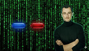 Man sieht den Hintergrund aus dem Film Matrix, senkrechte Zeilen grüner Code. In der Mitte eine rote und eine blaue Pille und rechts ein Mann mit schwarzem Rolkragenpullover.