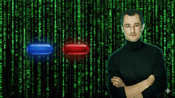 Man sieht den Hintergrund aus dem Film Matrix, senkrechte Zeilen grüner Code. In der Mitte eine rote und eine blaue Pille und rechts ein Mann mit schwarzem Rolkragenpullover.