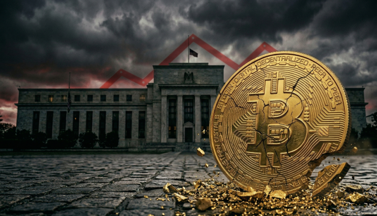 Kann der Bitcoin-Kurs dem Druck standhalten.? Ein symbolisches Bild, das eine große, zerbrechende goldene Bitcoin-Münze auf einem Kopfsteinpflaster im Vordergrund zeigt, während sich im Hintergrund das Gebäude der US-Notenbank Federal Reserve unter einem dramatischen, stürmischen Himmel abhebt. Die Bitcoin-Münze ist in der Mitte gespalten und zersplittert, wobei Goldstücke auf den Boden fallen, was auf Volatilität und finanzielle Instabilität hindeutet. Im Himmel ist ein rötlicher, nach unten zeigender Trendpfeil zu sehen, der auf Marktschwankungen und wirtschaftliche Unsicherheit hinweist. Das Federal-Reserve-Gebäude im neoklassizistischen Stil und die amerikanische Flagge stehen fest, aber die düstere Beleuchtung und die Wolken erzeugen eine angespannte Atmosphäre.