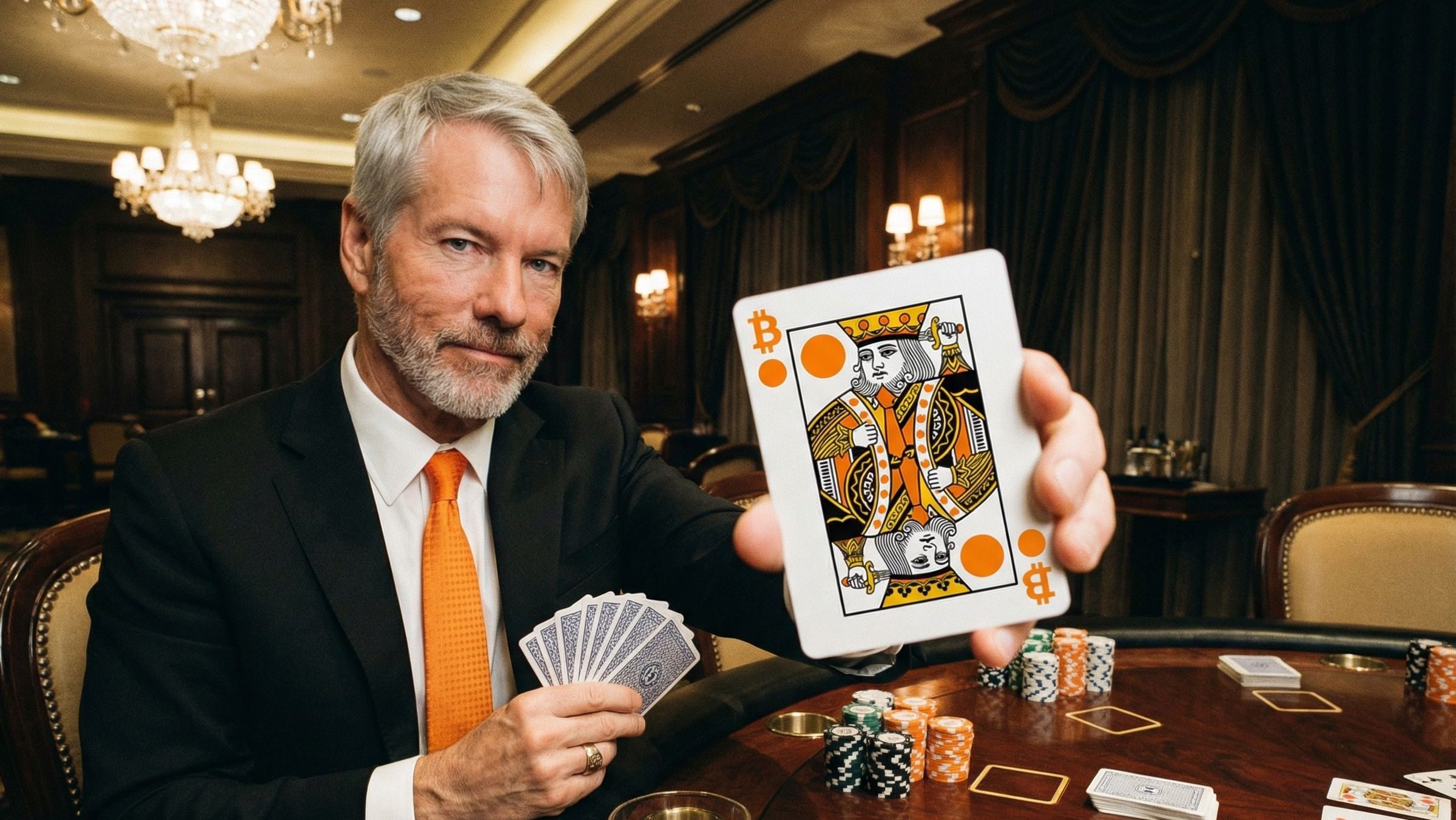 Michael Saylor hält eine Bitcoin-Buben-Karte in die Kamera