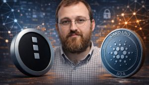 Charles Hoskinson zwischen Midnight-Token links und Cardano-Coin rechts vor digitalem Blockchain-Hintergrund