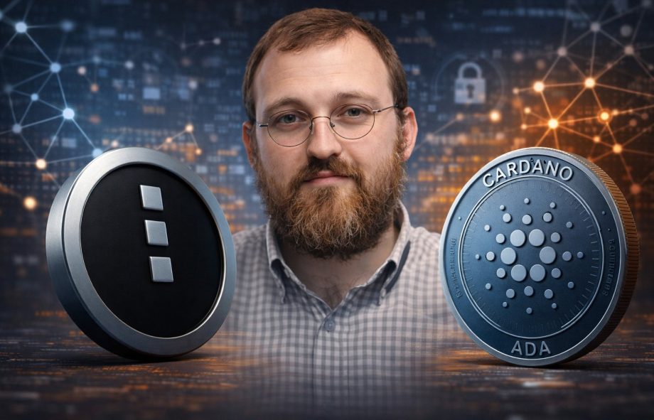 Charles Hoskinson zwischen Midnight-Token links und Cardano-Coin rechts vor digitalem Blockchain-Hintergrund