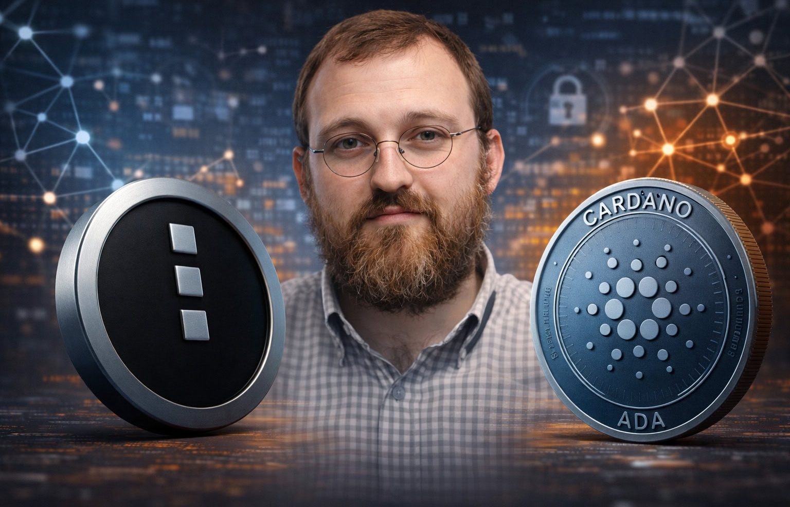 Charles Hoskinson zwischen Midnight-Token links und Cardano-Coin rechts vor digitalem Blockchain-Hintergrund