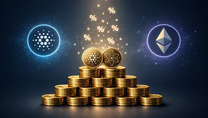 COSMOS Logo ein Stapel Coins und das Ethereum Logo sind zu sehen