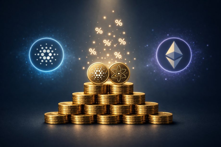 COSMOS Logo ein Stapel Coins und das Ethereum Logo sind zu sehen