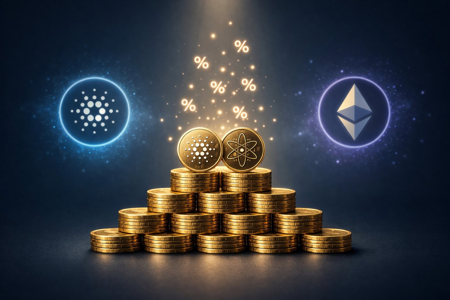 COSMOS Logo ein Stapel Coins und das Ethereum Logo sind zu sehen