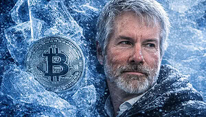 Porträt eines Mannes vor einer eingefrorenen Bitcoin-Münze, umgeben von Eis und Frost als Symbol für gestoppte Bitcoin-Käufe.