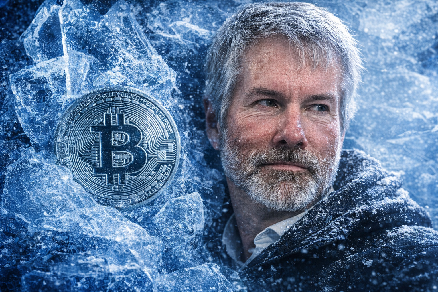 Porträt eines Mannes vor einer eingefrorenen Bitcoin-Münze, umgeben von Eis und Frost als Symbol für gestoppte Bitcoin-Käufe.