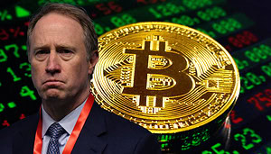 Ted Pick, Chairman und CEO von Morgan Stanley, vor einem Bitcoin-Hintergrund mit Kursanzeigen