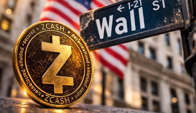 Eine ZCash-Münze neben dem Straßenschild der Wall Street. Dahinter ist eine US-Flagge zu erkennen.