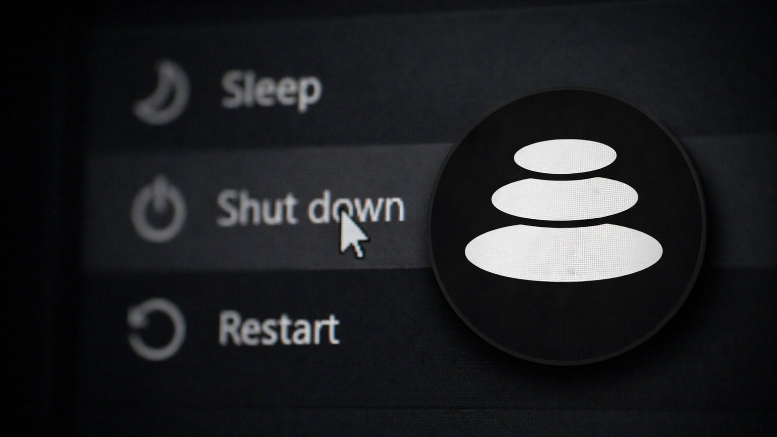 Das Balancer-Logo auf vor einem Computer-Menü, dass ein Herunterfahren-Symbol zeigt