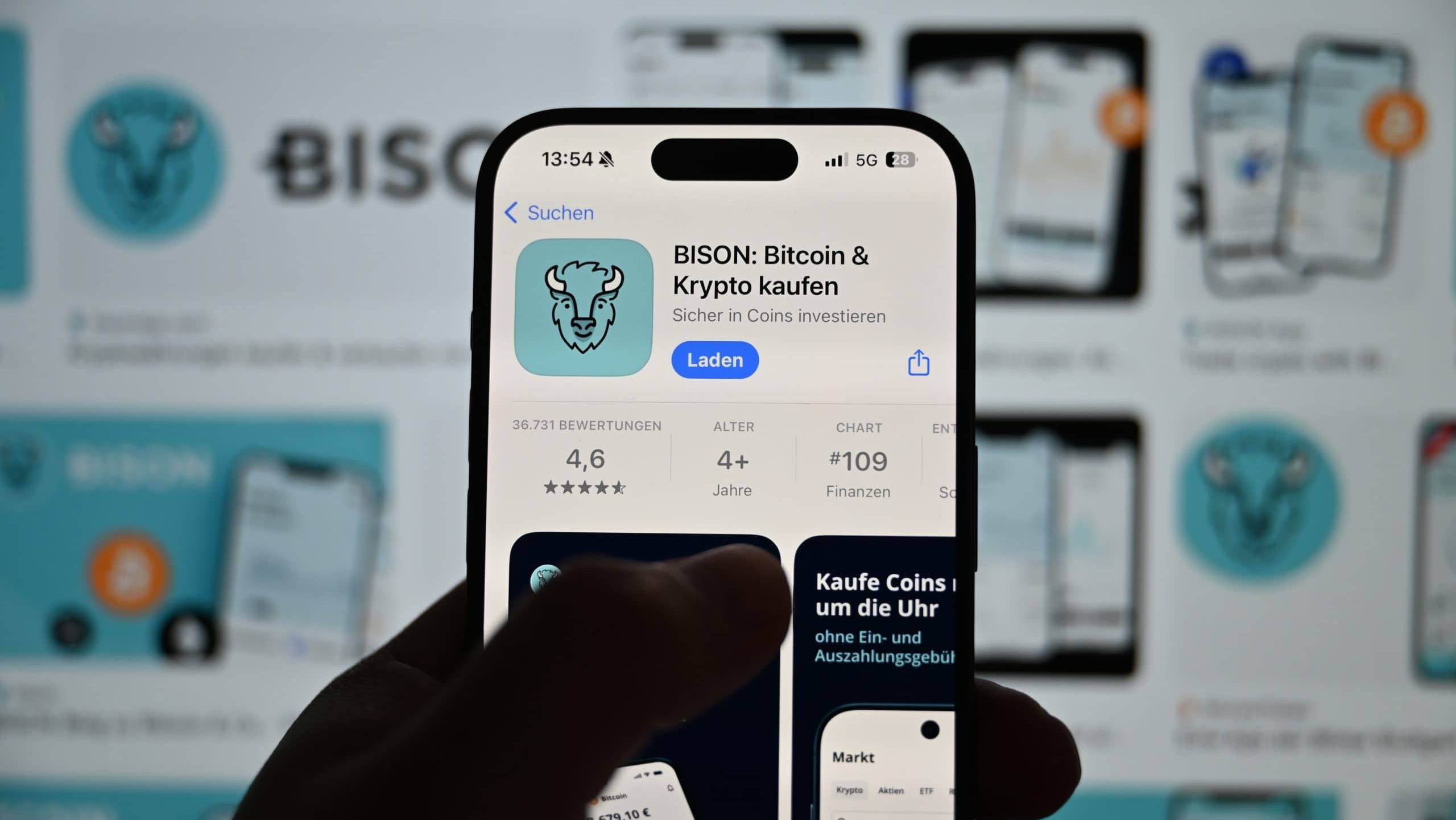 Ein Smartphone, das die Bison-App zeigt
