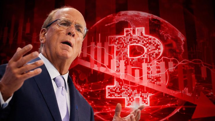 Larry Fink vor einem roten Bitcoin-Chart