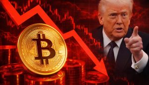 Bitcoin unter Druck: Rote Kurscharts und Donald Trump symbolisieren geopolitische Unsicherheit und fallende Märkte.