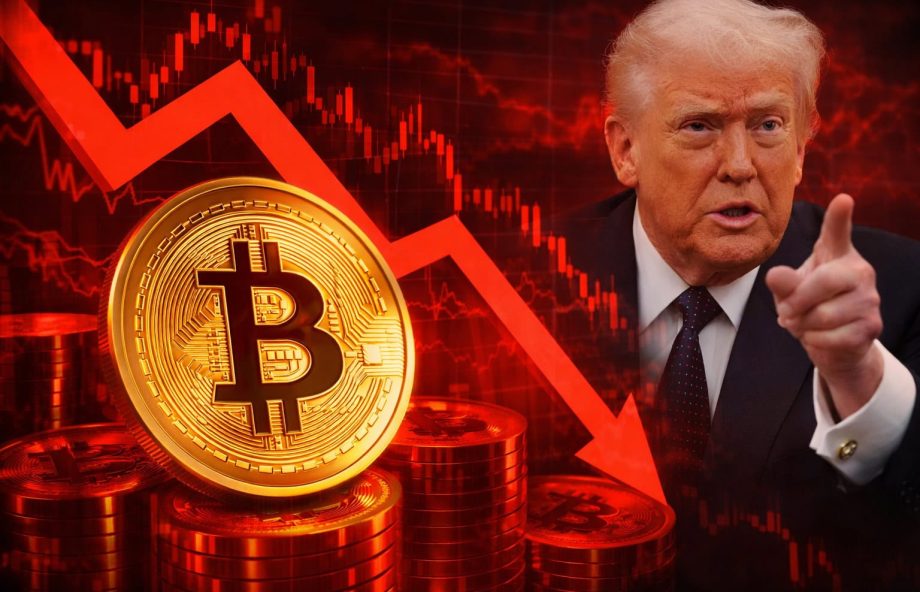 Bitcoin unter Druck: Rote Kurscharts und Donald Trump symbolisieren geopolitische Unsicherheit und fallende Märkte.