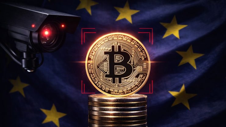 Eine Kamera blickt auf eine Bitcoin-Münze, dahinter die EU-Fahne