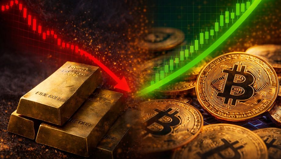 Goldbarren und fallender roter Chart links, Bitcoin-Münzen und steigender grüner Chart rechts