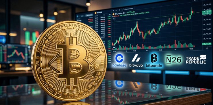 Wo ist Bitcoin kaufen teuer? Große goldene Bitcoin-Münze im Vordergrund mit integriertem Krypto-Chart im Hintergrund sowie den Logos von Coinbase, Bitvavo, Bitpanda, N26 und Trade Republic.