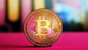 Eine Bitcoin-Münze vor rotem Hintergrund