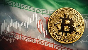 Bitcoin-Münze vor Iran-Flagge