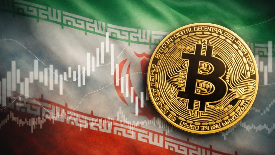 Bitcoin-Münze vor Iran-Flagge