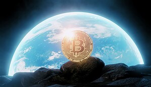 Eine Bitcoin-Münze im Weltall